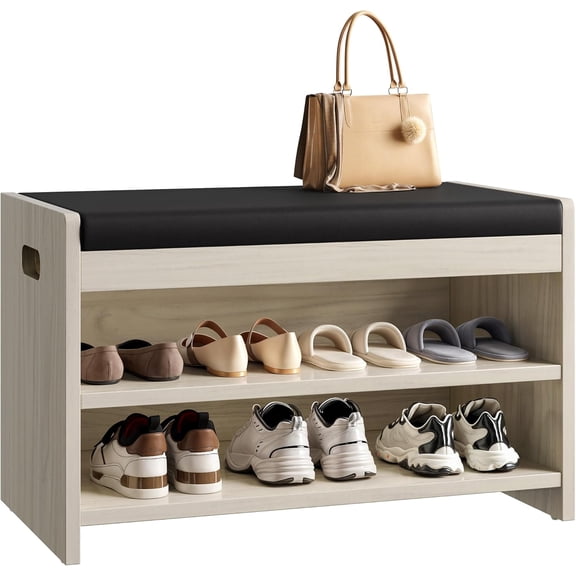 HarmonyStrings Shoe Bench with Storage, 2-Tier Shoe Bench, Entryway Shoe Storage with Cushion and Side Handles, 28.35" Shoe Rack Organizer for Hallway, Living Room, Bedroom, Off White