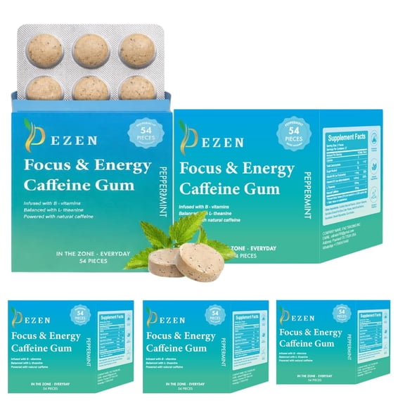 DEZEN Focus & Energy Caffeine Gum with L-Theanine, Caffeine, Vitamin B12 & B6, Peppermint Flavor, Coffee Replacement, Pack 3