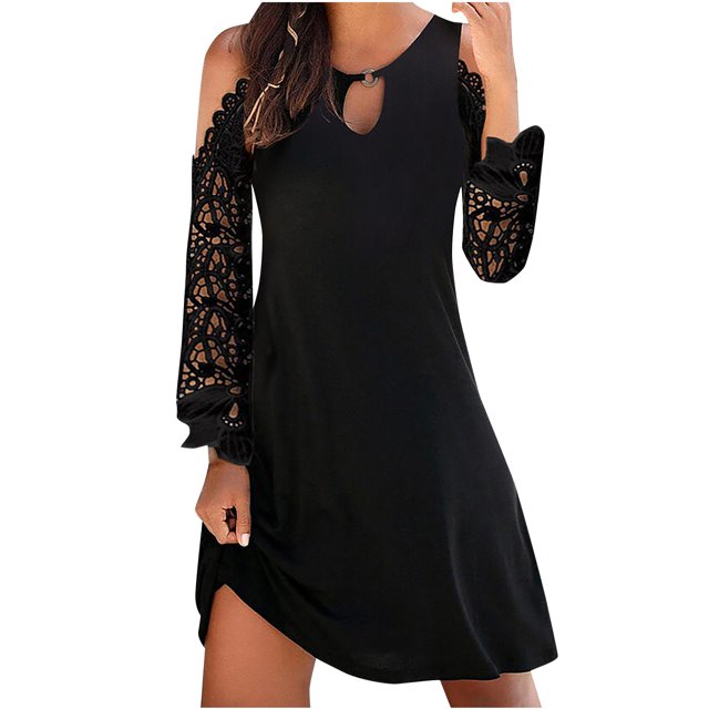 Robe à Manches Longues pour Femmes Mode Femmes Col Rond Uni Dentelle Manche Ajourée Patchwork Décontractée Ample Robe