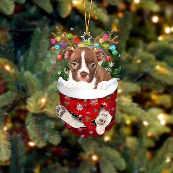 Boston Terrier In Snow Pocket Christmas Ornament