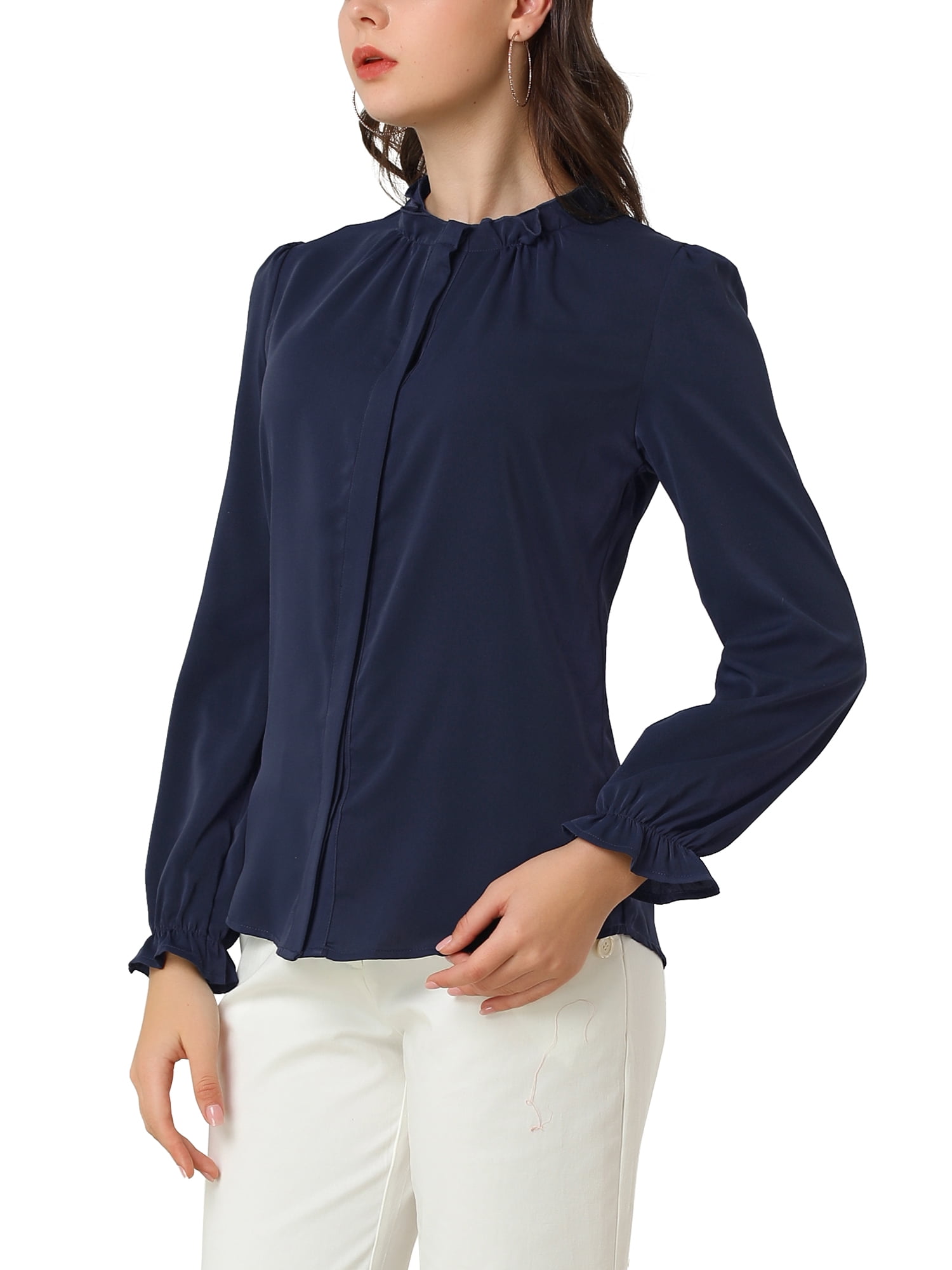 DARING DIVA Women's Chiffon Stand Collar Ruffled Trim Work Blouse XL Navy Blue
