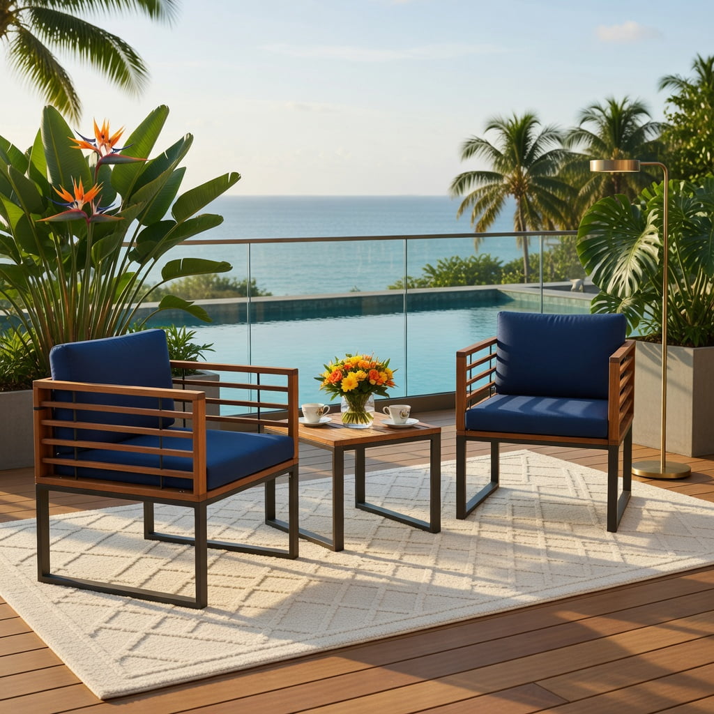 Hommoo 3-Piece Acacia Wood Patio Conversation Set with Cushioned Armchairs & Matching Coffee Table, Rust-Resistant Metal Frame, Removable Washable Covers, Ideal for Deck, Balcony & Porch, Navy