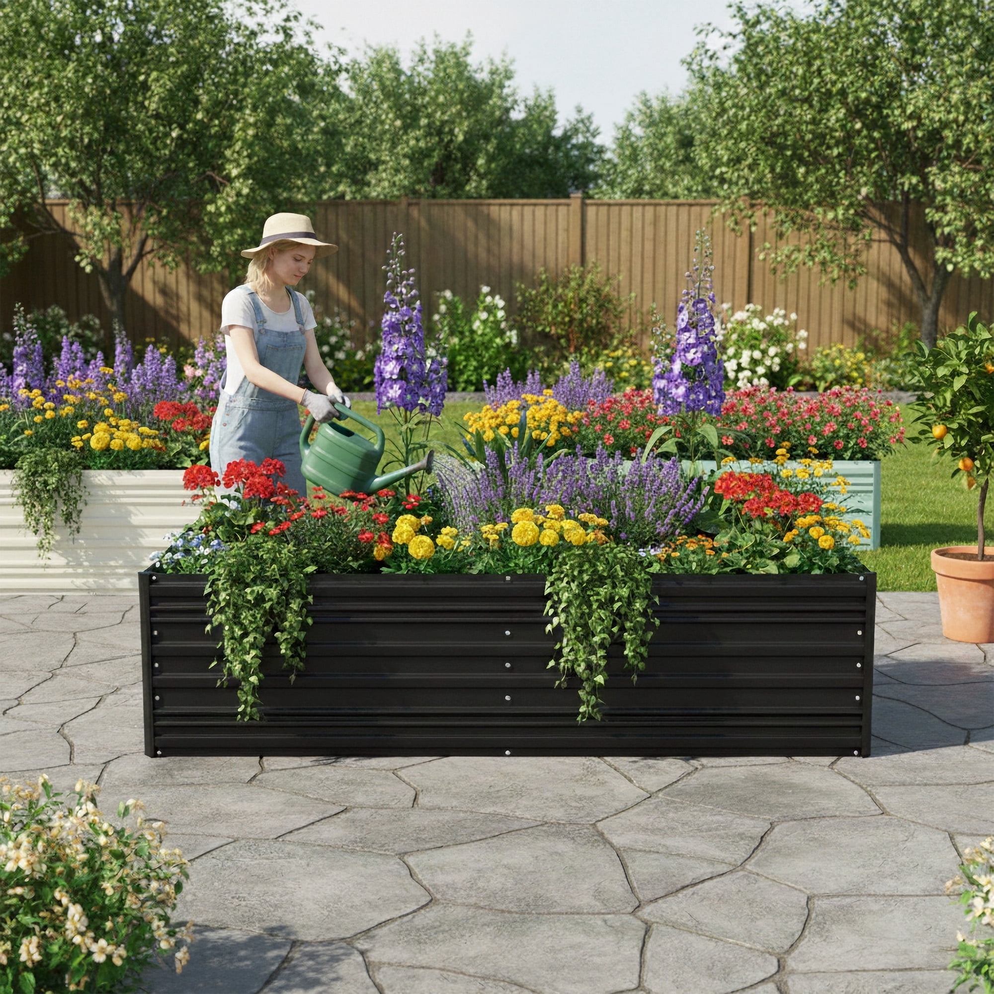 WORKPRO Galvanized Raised Garden Bed, 7.5 x 4 x 2 ft Outdoor Garden Planter Box for Vegetables, Flowers and Herbs, Black