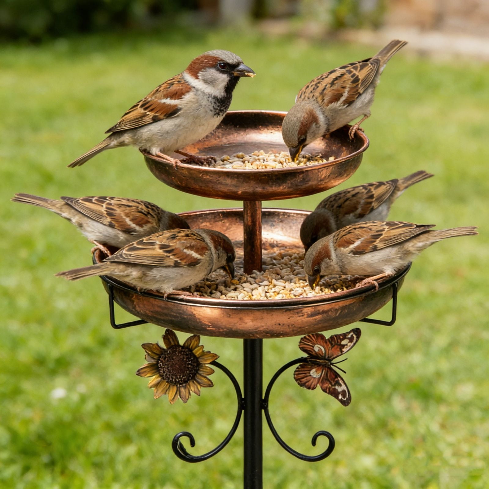 Ground-Mounted Metal Bird Bath & Feeder Stand, Multi-Functional Outdoor Unit for Garden Courtyard Meadow, 33.5 x 12in