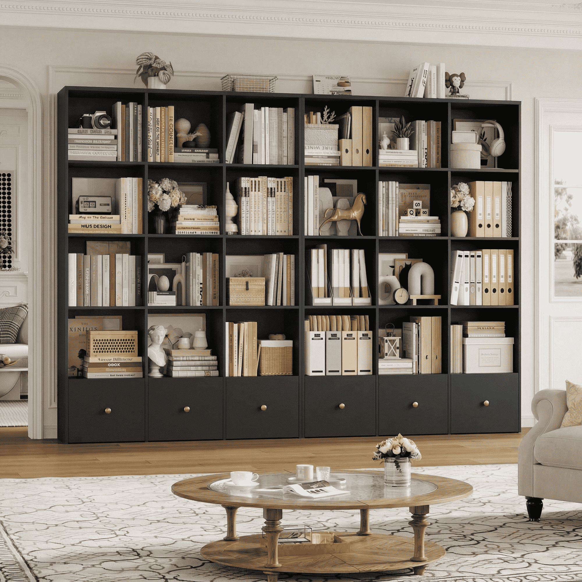 Hiphuta Triple Row 4-Tier Bookcase with 12 Cubes, 69" Tall Large Bookcase with 3 Drawers, for Office Living Room, Black
