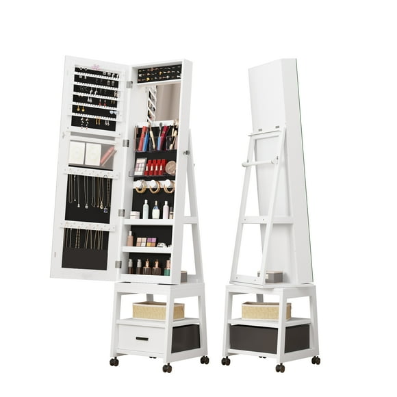 360° Swivel Jewelry Armoire, Floor Standing Locking Jewelry Armoire with Full Length Mirror,Bottom Drawer, Shelf, Wheels,White Jewelry Cabinet with Large Storage Capacity (White push-pull)