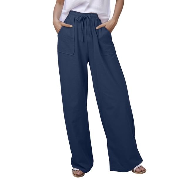 Women's Casual Solid Color Tether Loose Yoga Trousers - Polyester, Mid - Waist Elastic, Side Pockets, Comfortable, Size Chart