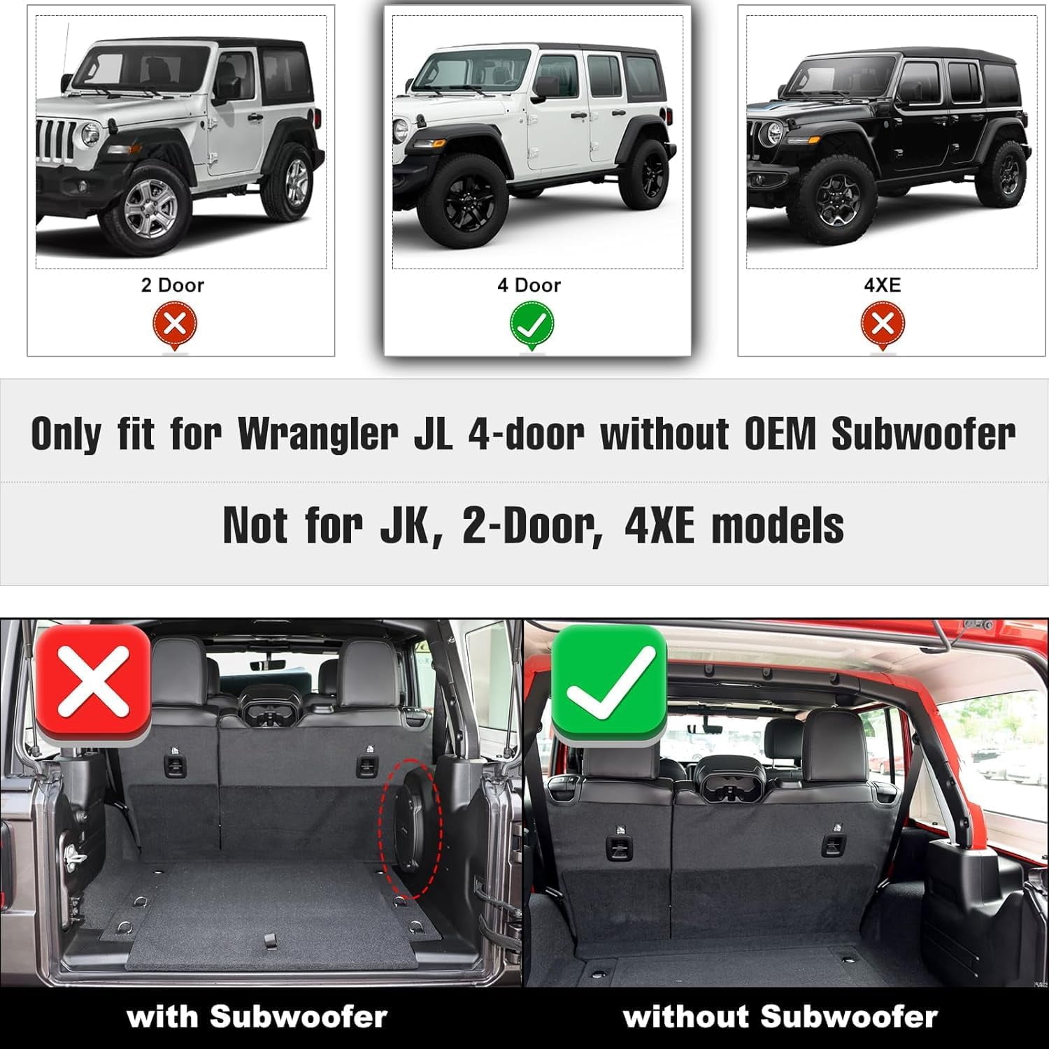 Floor Mats & Cargo Liner Compatible for Jeep Wrangler JL 2018-2024 4 Door Sahara Rubicon without Subwoofer (Non JK or 4XE) All Weather Wrangler Floor Liner for 1st, 2nd Row and Trunk Full Set Car Mat