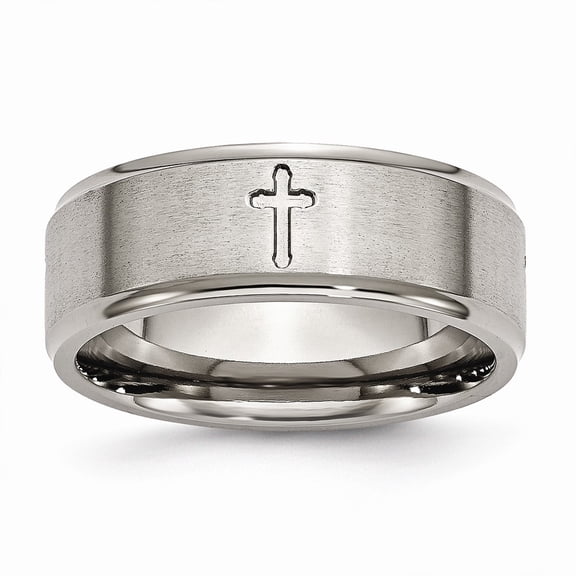 Grey Titanium Ring Band Wedding Ridged Comfort Edge Cross 8mm Brushed and Polished