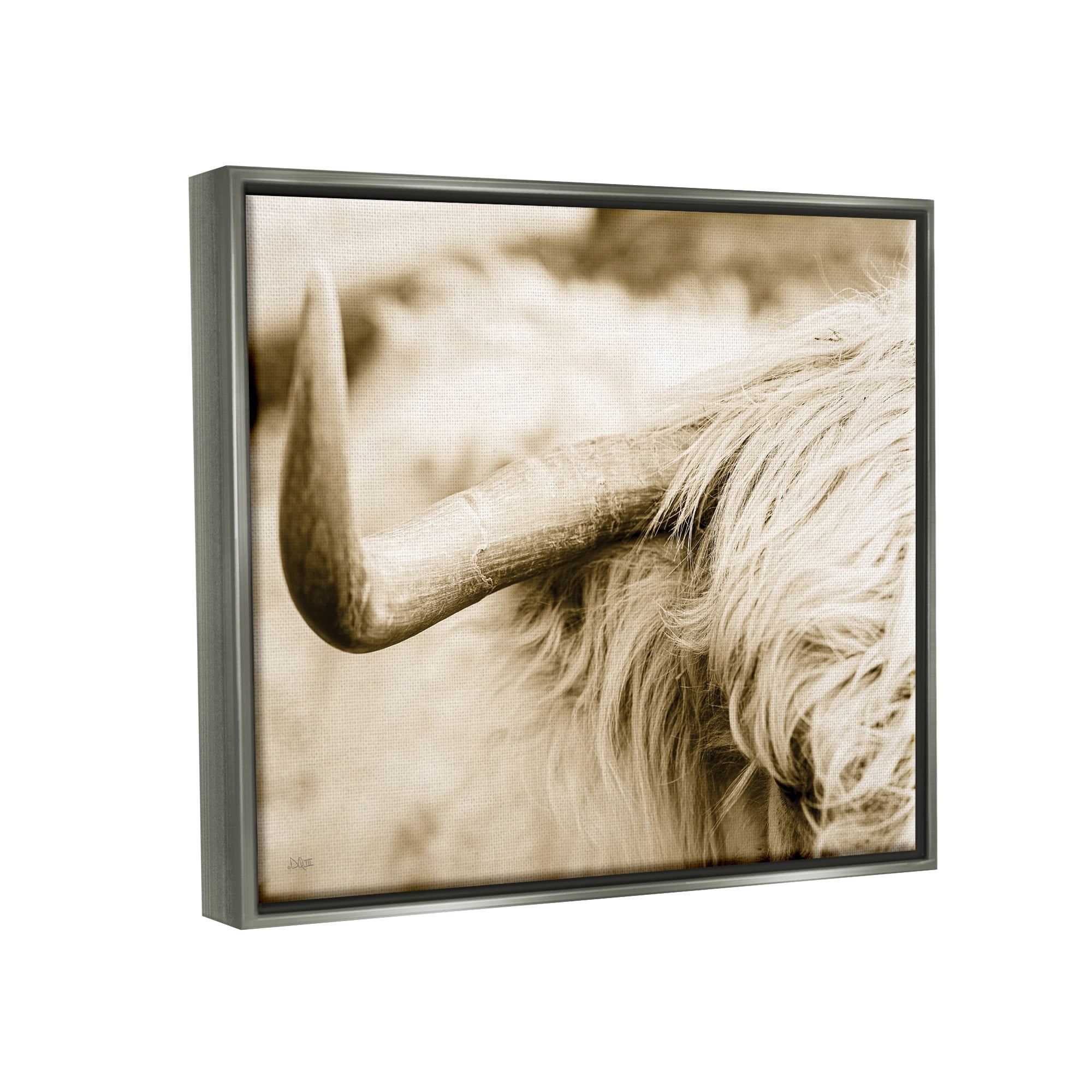 Stupell Industries Beautiful Longhorn Highland Cattle Horn Sepia Photography Photograph Luster Gray Floating Framed Canvas Print Wall Art, Design by Donnie Quillen
