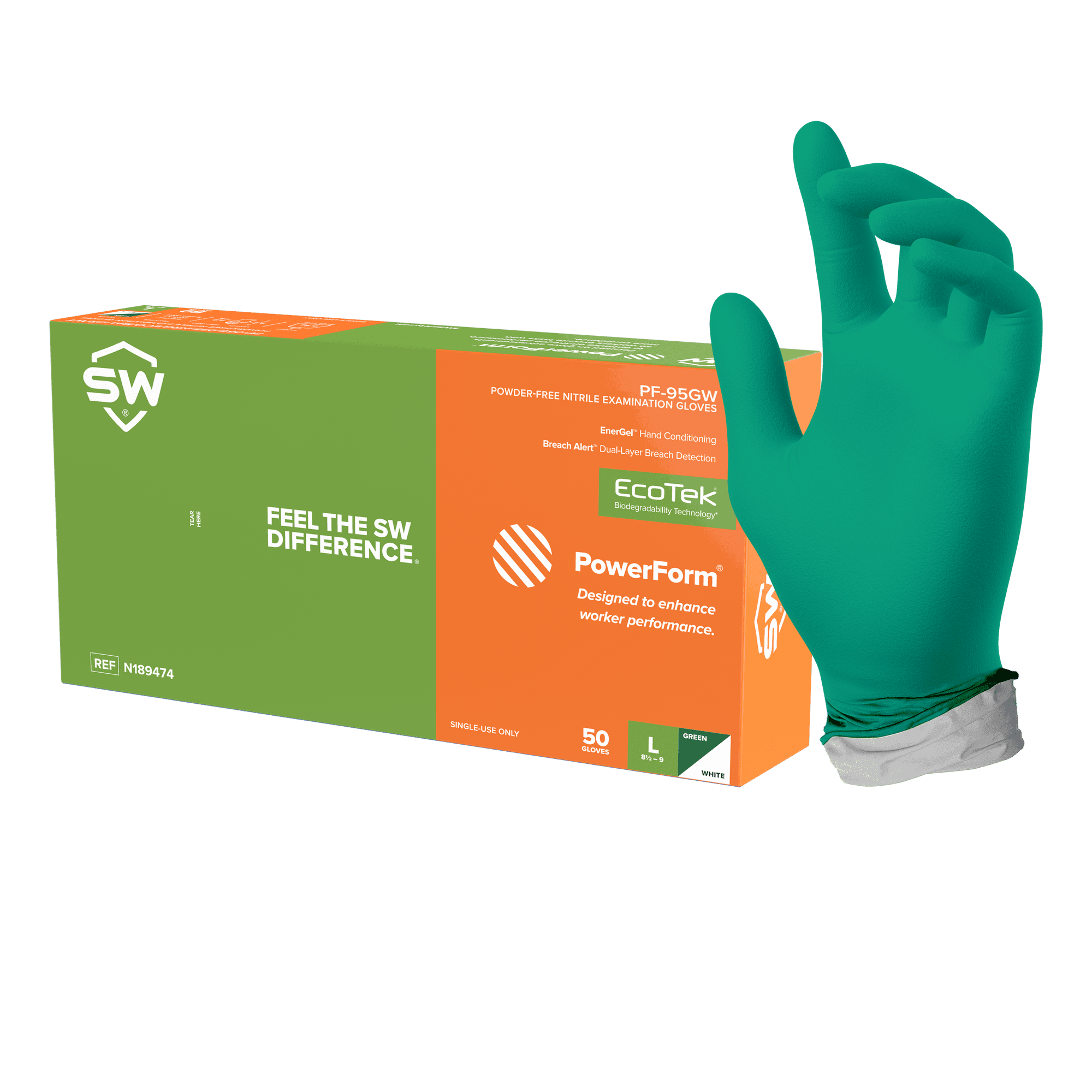 SW® PowerForm® PF-95GW Dual-Color Green/White 5.9mil Sustainable Skin-Improving Nitrile Exam Gloves – 50ct-X-Small
