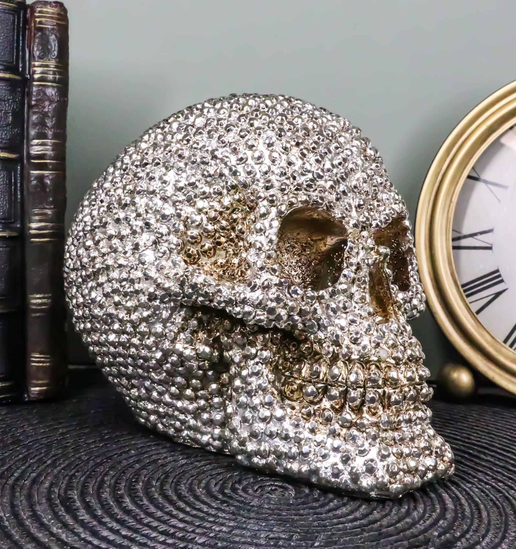 Ebros Gift Realistic Chrome Silver Bead Stone Bling Skull Figurine 6.25 L  