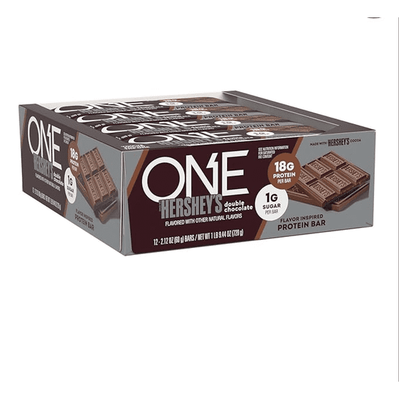 ONE Protein Bars, NEW Hershey's Double Chocolate, Gluten Free with 18g Protein and 3g Sugar, Pantry Staples 2.12 oz (12 Pack)