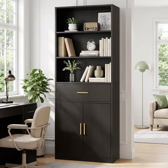 Walsunny Bookshelf with Doors and Drawer, Storage Bookcase with 3 Open Shelves and Cabinet 71" Tall Floor Standing Bookshelf for Living Room Home Office Black