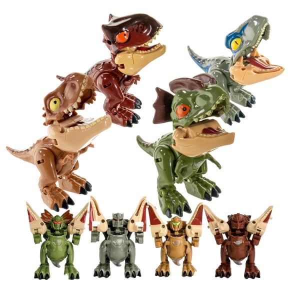 Transforming Dinosaur Robot Toys Large 4-Pack - 2-in-1 T-Rex Velociraptor Action Figures, Movable Limbs & Tail, 6-Step Easy Transform