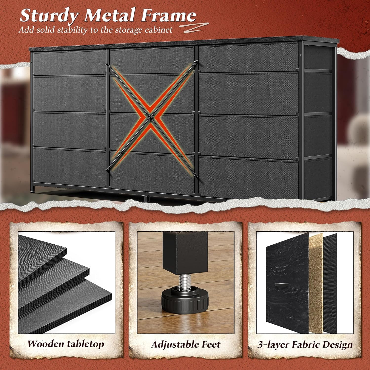 55" Long Dresser for Bedroom with 12 Fabric Drawers, Entertainment Center for 60 inch TV Dressers & Chests of Drawers Large Storage Organizer for Closet, Living Room, Metal Frame, Wood Top, Black