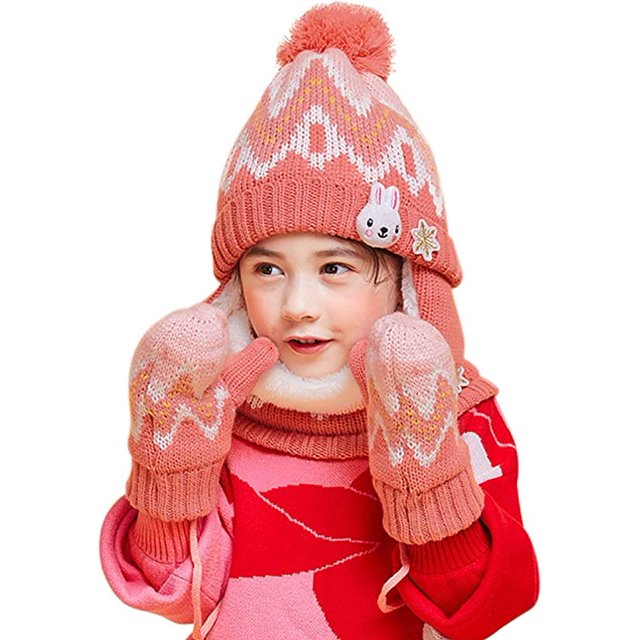 Gorro para niños Guantes Bufanda Gorros Un conjunto Primavera Otoño Invierno Niño Niña Bebé Recién nacido Lindo Pequeño Zorro Gorros con pompón 1-6 años de edad Afortunado Sencillez