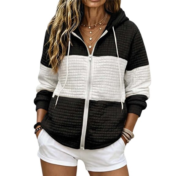 Puliio Quilted Color Block Full Zip Hoodies for Women Casual Long Sleeve Sweatshirt Jacket with Pockets