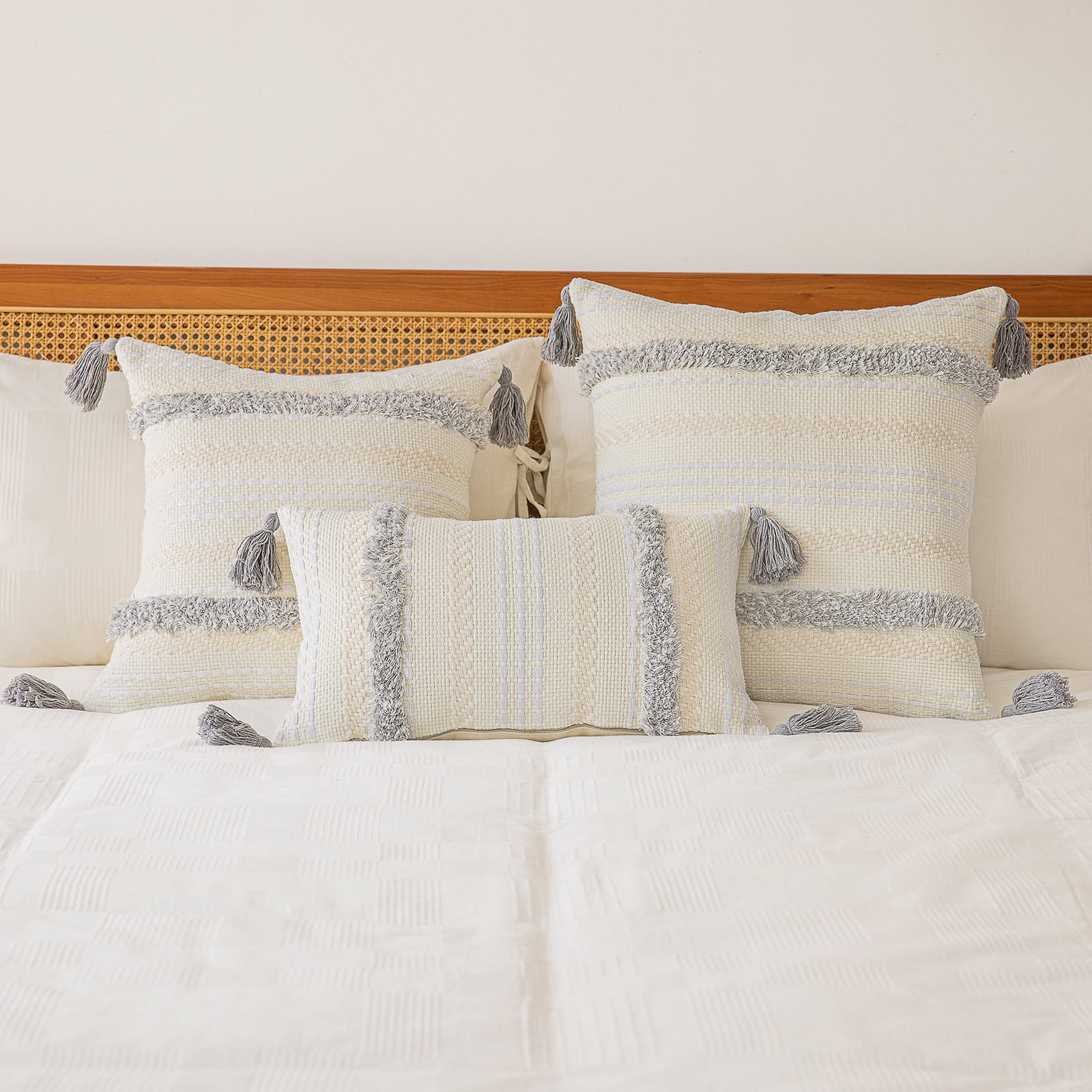 Skodaer 2 Pack Boho Decorative Throw Pillow Covers Tufted Woven with Tassel Series Pillow Case,20x20,Light Grey