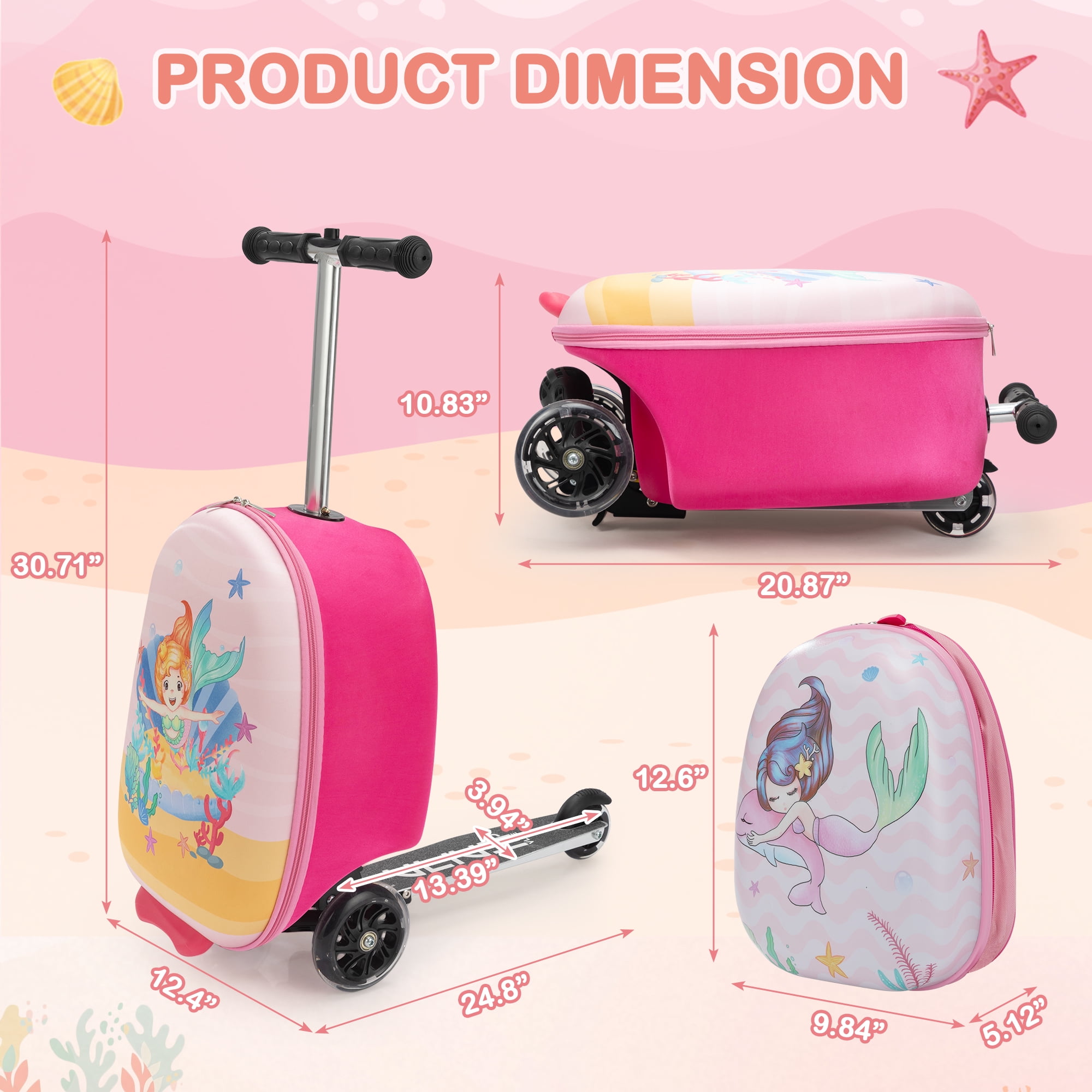 Tobbi Scooter Suitcase, Kid Carry on Luggage Scooter, Children Ride on Luggage for Girls, Pink