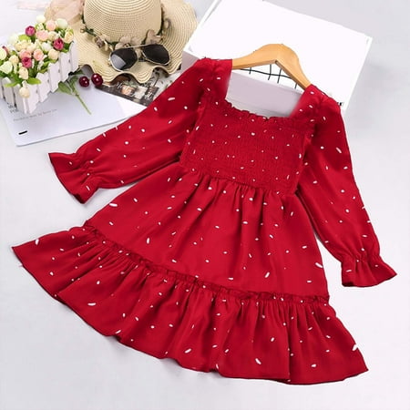 

Augper Toddler Dress Winter Fall Dresses Clearance Autumn Winter Baby Girls Dot Print Long-sleeved Square Neck Pleated Lace Dress Red