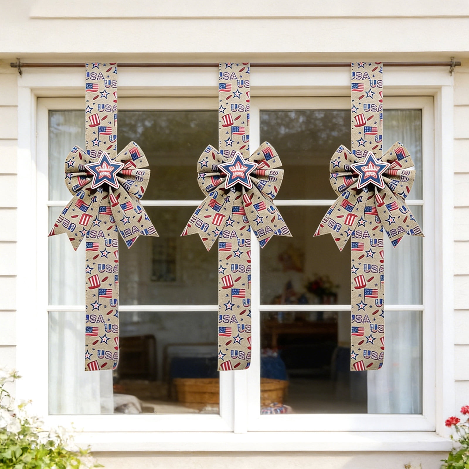4th of July Burlap Patriotic Cabinet Ribbon – with Bows and Stars Red White Blue Rustic Hanging Decor for Kitchen, Supplies for Independence Day, 250th Anniversary