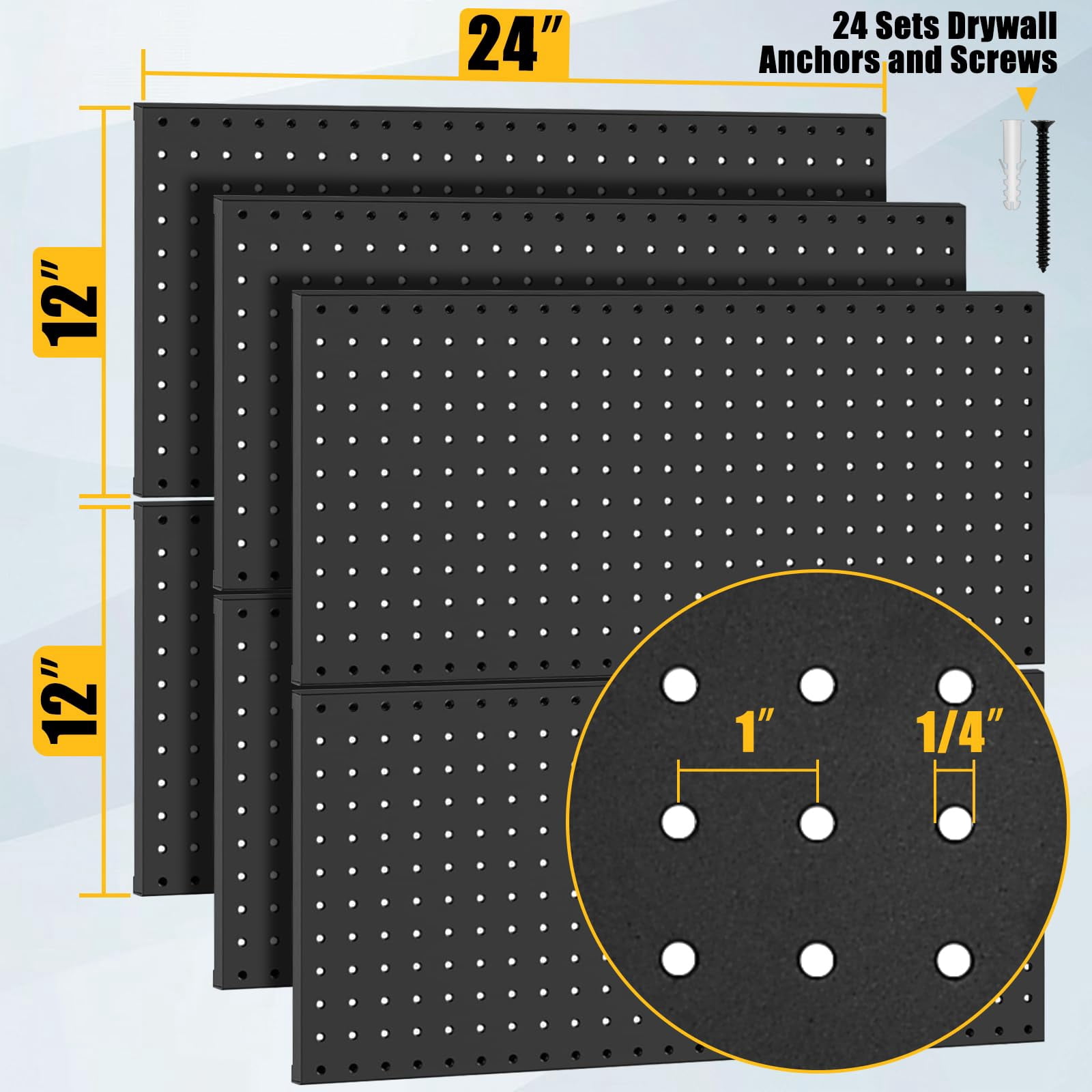 10 Pcs Metal Pegboard Panels, Heavy Duty Peg Boards for Garage and Garden Tool Storage, Includes Drywall Anchors and Screws Kits, Black (10 pcs 16in x 12in)