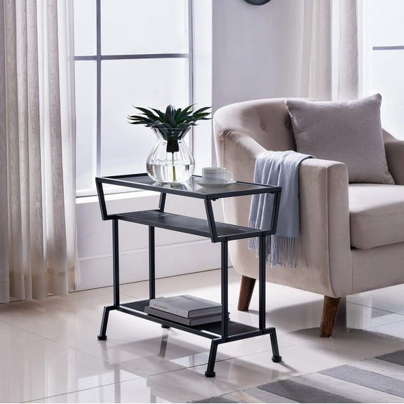 Kings Brand Furniture Side End Table with Glass Tabletop & 2 Lower Wood Shelves, Black