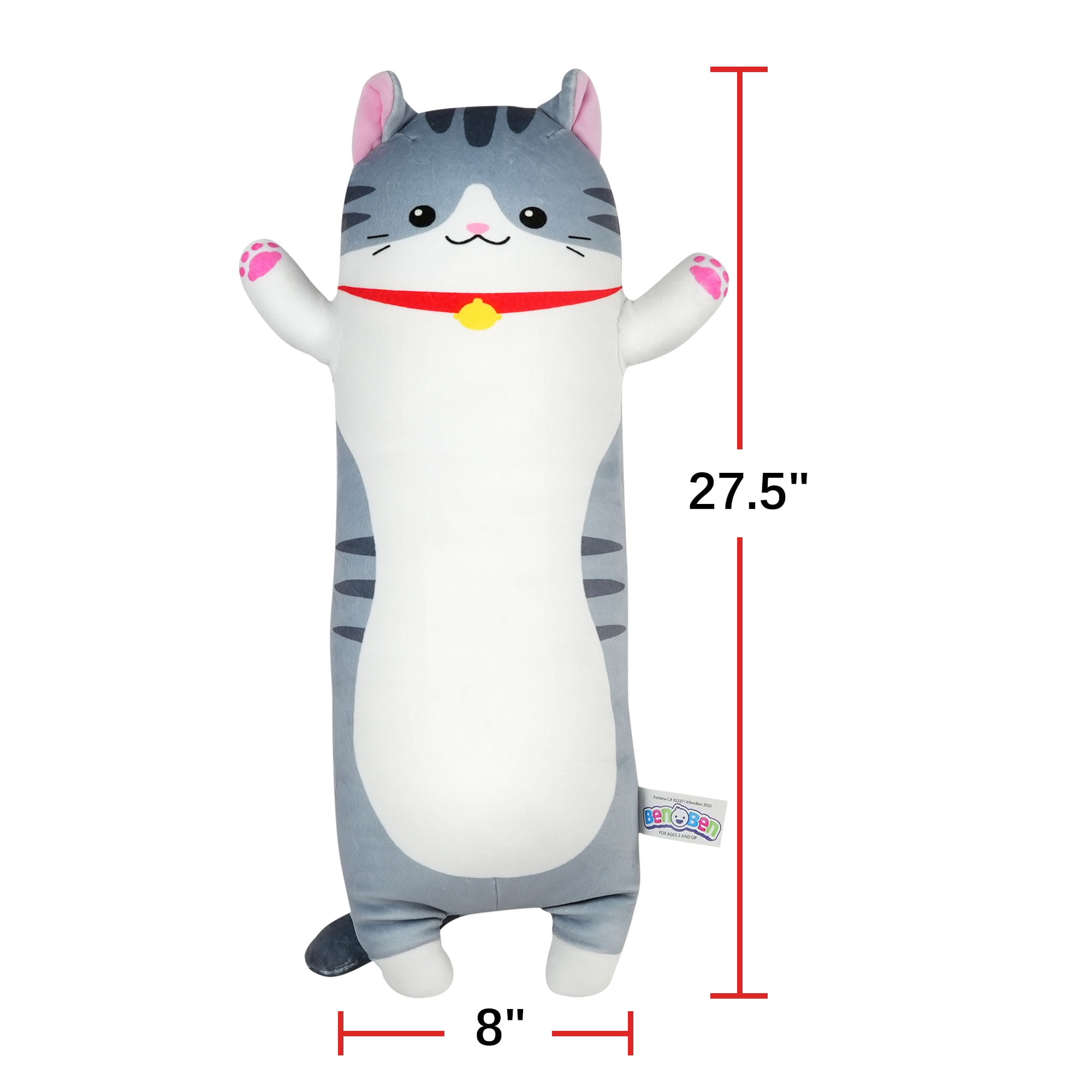 BenBen Long Cat Plush Pillow, Cat Stuffed Animal Body Pillow for Kids, 27.5 in, Grey