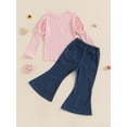 thumbnail image 6 of Miaouyo Kid Girls Pants Set, Long Sleeve Bow Print T-shirt with Denim Flare Pants Fall Outfit, 6 of 9