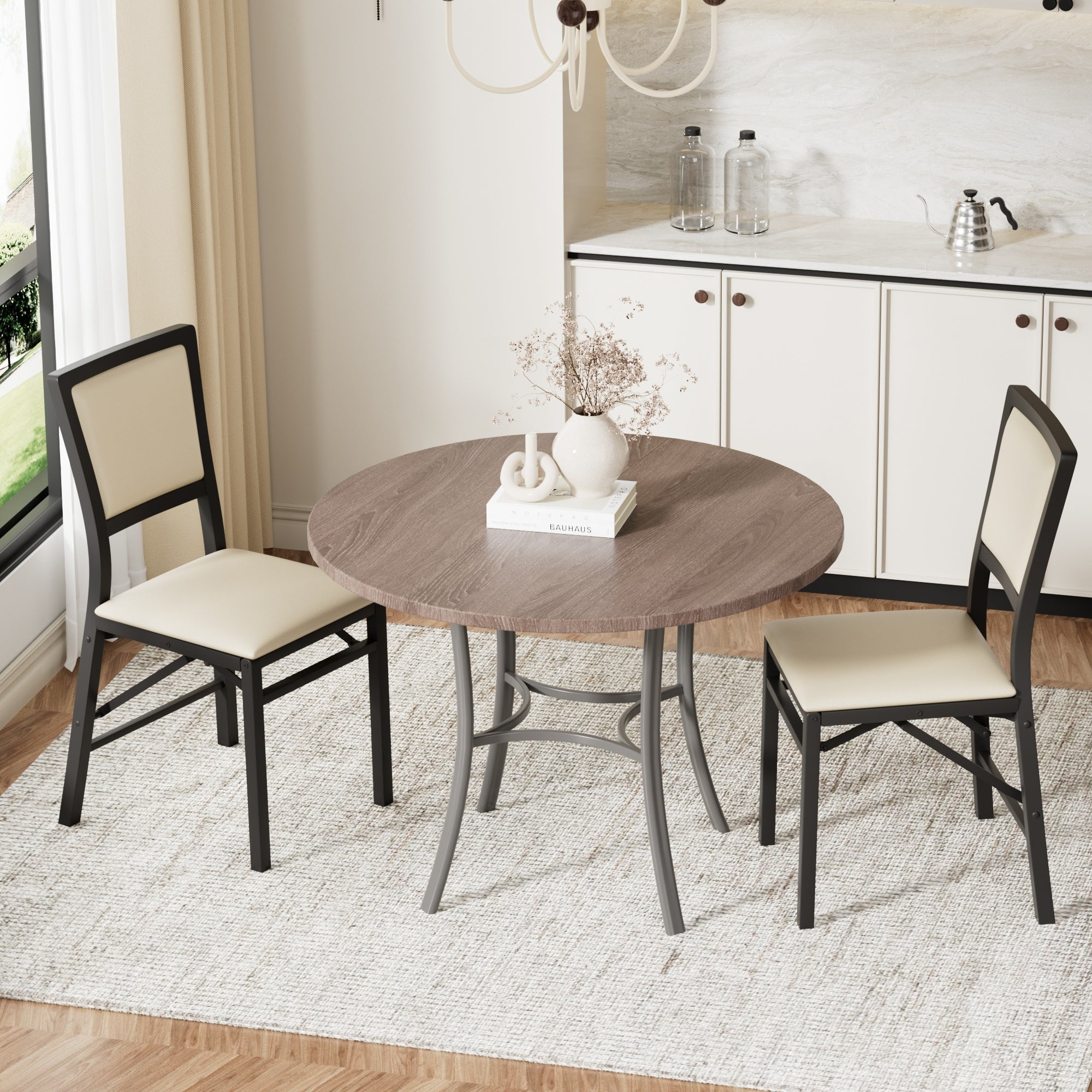 VECELO Dining Chairs Set of 2, Space-Saving and No Assembly, High Back PU Upholstered Folding Chairs with Metal Frame for Kitchen and Living Room, Beige