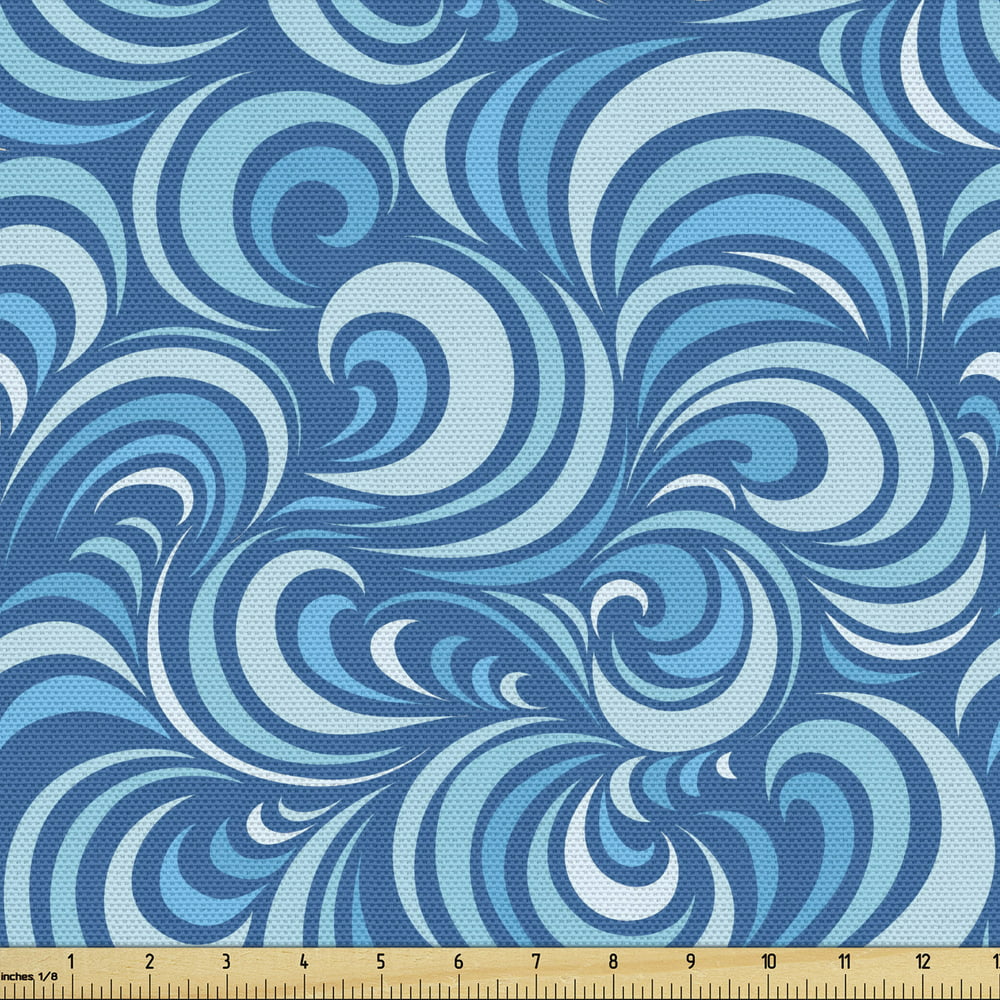 Blue Fabric By The Yard Marine Waves Pattern Abstract Curly Forms