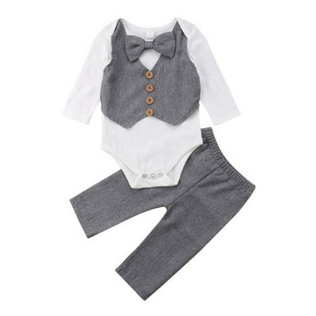 

Sunisery Infant Newborn Baby Boys Gentleman Clothes Long Sleeve Bow Romper Tops Long Solid Color Pants Grey 18-24 Months