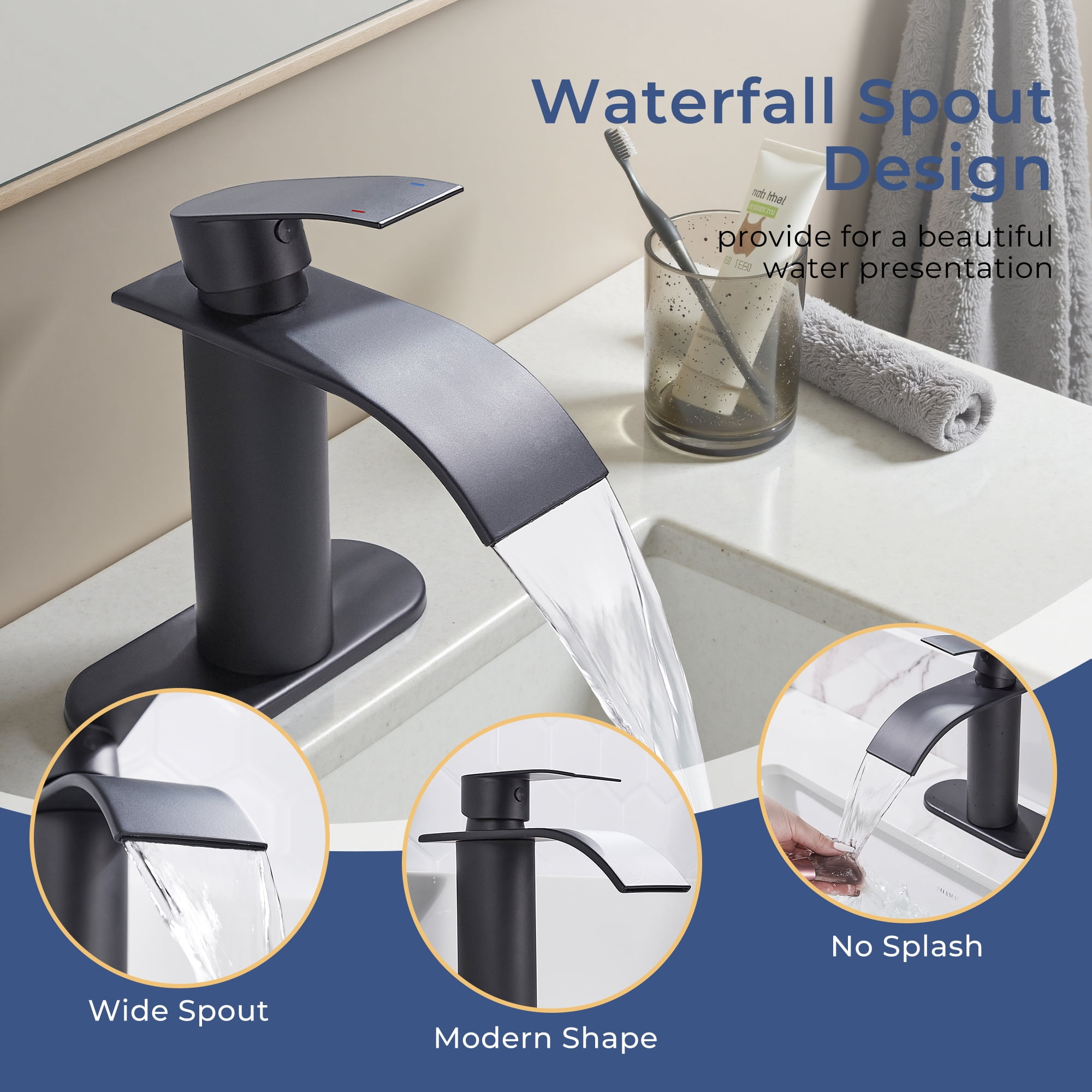 TVOFEK Waterfall Bathroom Faucet 1 or 3 Hole, Black Single Handle Bathroom Sink Faucets with Metal Pop up Drain and Deck Plate for Vanity Basin RV Lavatory