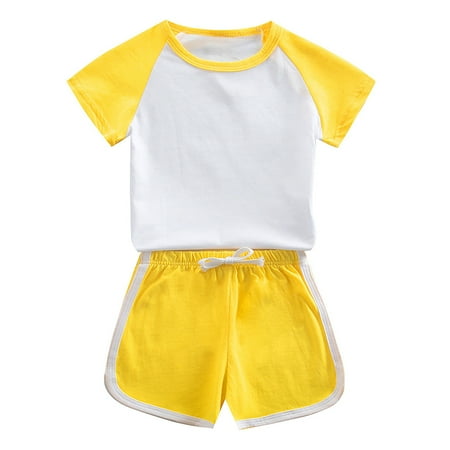 Yuncity Girls Outfit Short Sleeve Crew Neck Colorblock Tops With Shorts 2 Pieces Set Summer Comfortable Daily Wear Toddler Kids Clothes Set Size 7-8 Years Yellow