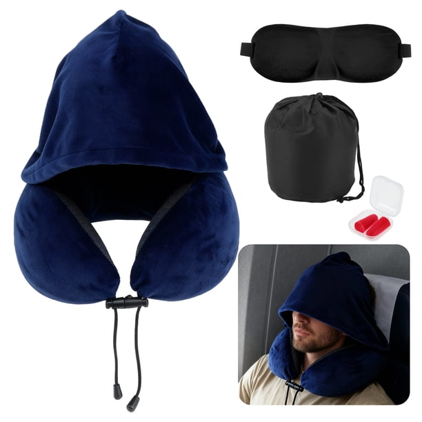 Almohada de Cuello de Viaje con Capucha Grande para Avión, Almohada de Espuma Viscoelástica Lavable, Azul Marino