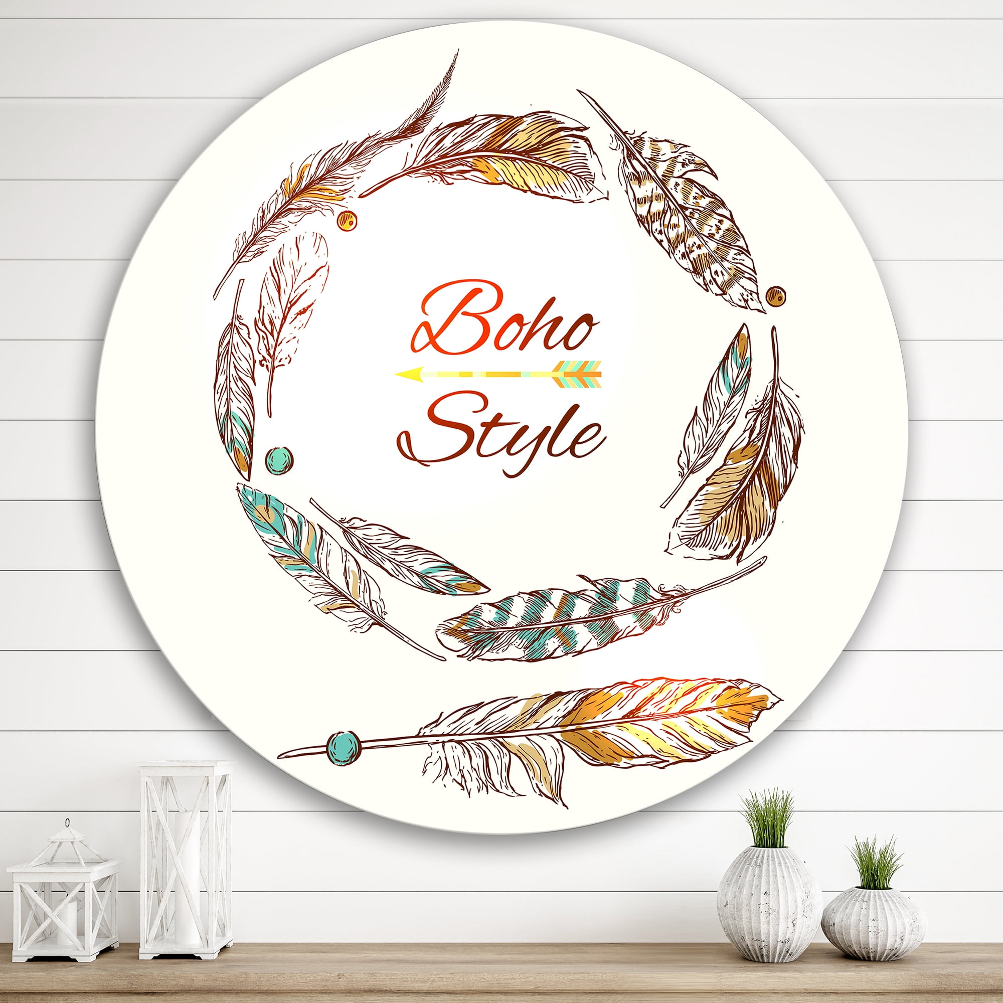 Designart 'Wreath Of Ethnic Beige Boho Feather' Bohemian & Eclectic Circle Metal Wall Art 36x36 - Disc of 36