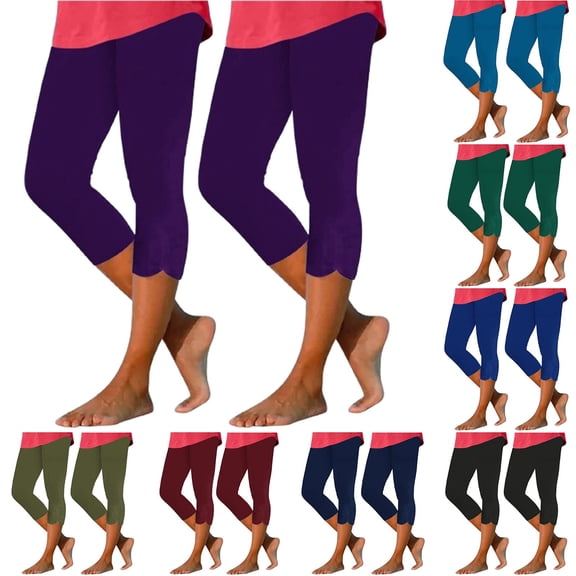RongHuan Capri Leggings for Women Casual Stretchy High Waisted Workout Pants Tummy Control Yoga Pants Summer Solid Color Capris