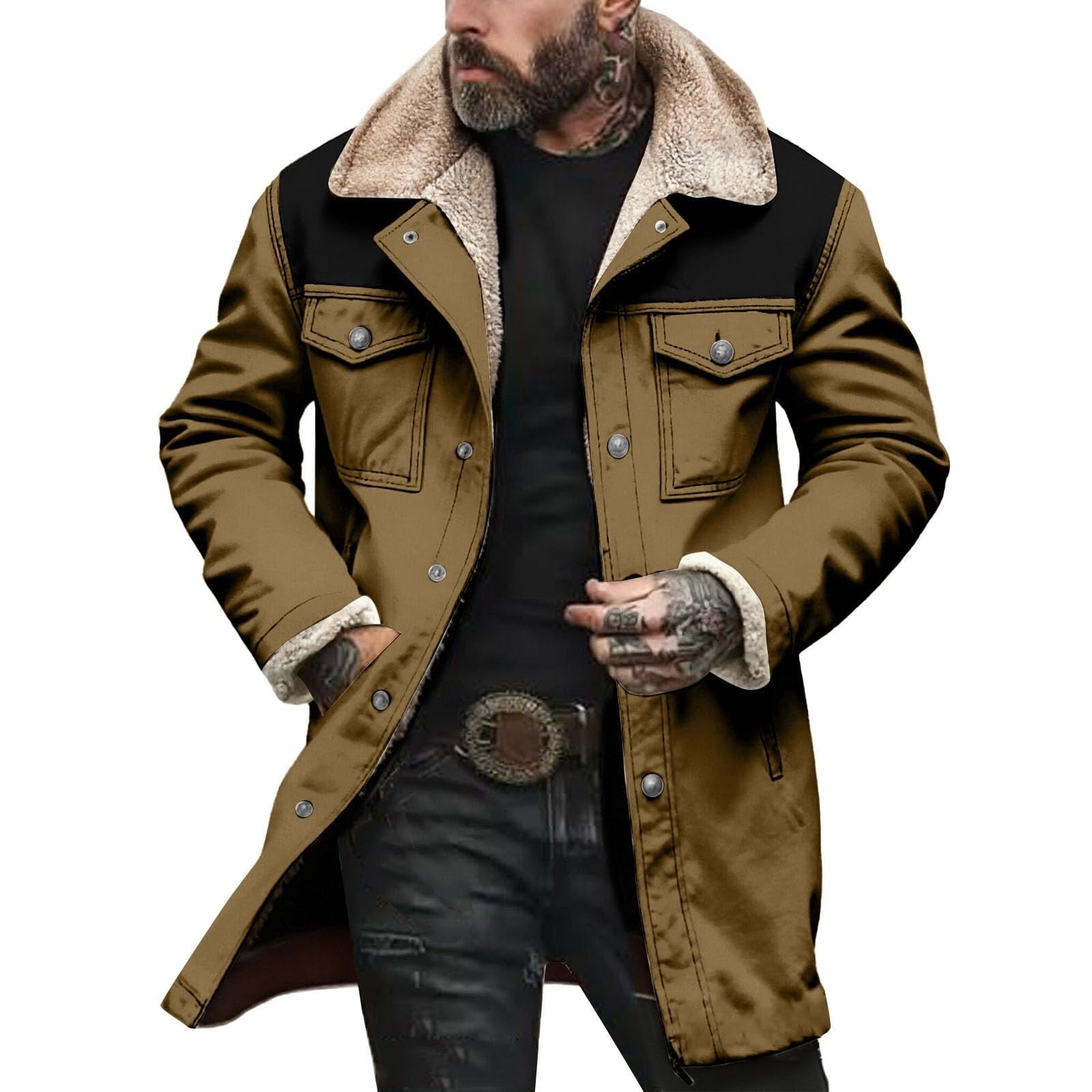 Men's Shearling Leather Coat Mid Length Fuzzy Faux Suede Sherpa