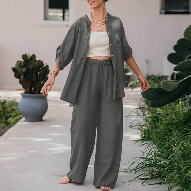 Camisa Conjunto de pantalones sueltos de lino y algodón de 2 piezas con camisa y pantalones lisos con solapa para mujer (Gris L) Kuymtek Gris T L para Mujer
