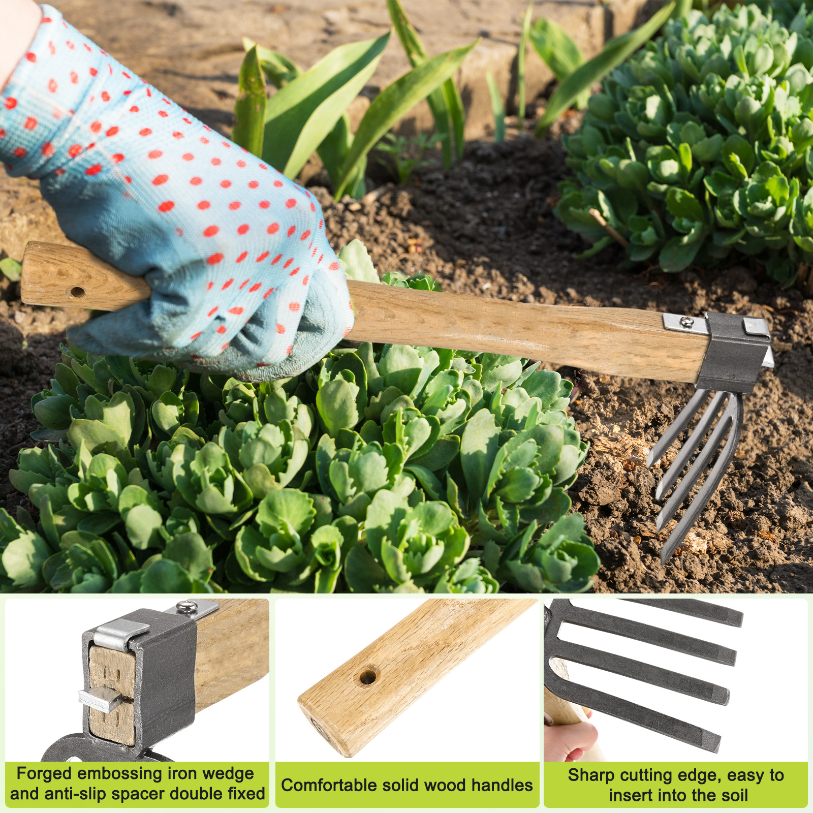 Japanese Hand Tiller/Rake for Garden, 15.4 Inches Stainless Steel Cultivator with Garden Hoe for Digging, Weeding, and Planting, Gardening Tool with Wooden Handle