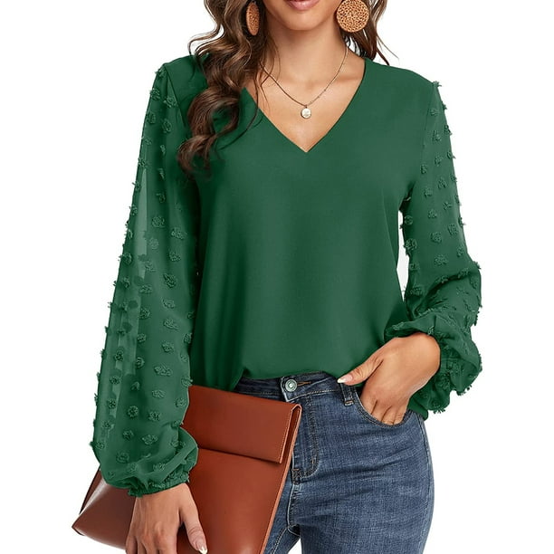 Blusa de gasa para mujer Swiss Dot Casual Cuello redondo Manga larga Pom Pom Camisas Tops XBTCLXEBCO Verde, Chico