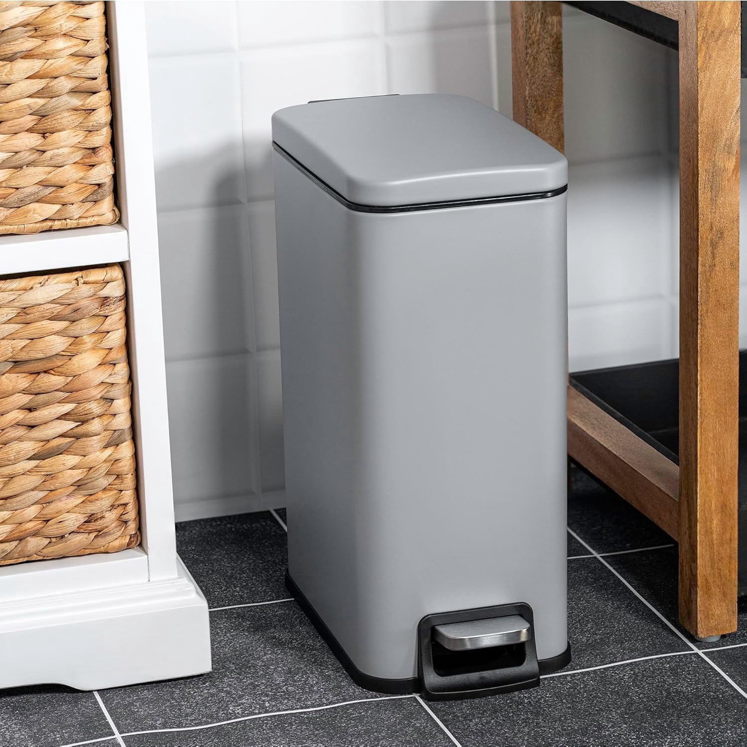Moorefield Forte Slim Rectangular Step Trash Can, 1.6 Gallon Compact Bathroom Waste Bin with Soft Close Lid and Removable Inner Bucket, Matte Gray