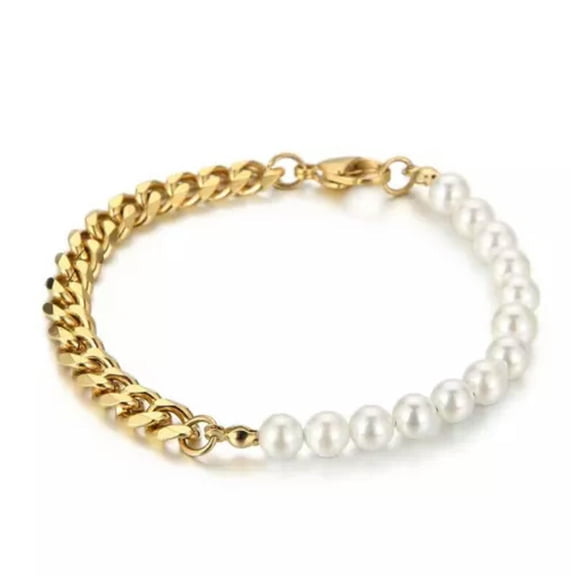 GKNET Men's Silver Gold Pearl Cuban Link Chain Bracelet Stainless Steel Delicate Jewelry Gift-Gold