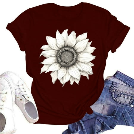 NAMTYQX Womens Graphic Tees Hawaiian Plus Size Boxy Fit Printed Gemustertes Lightweight Crew Neck Cool Short Sleeve Trendy Tops for Women 2025 Wine Size L