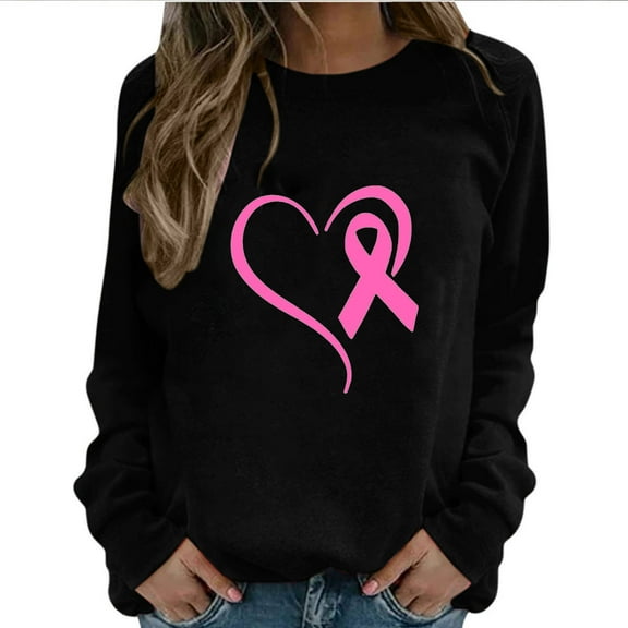 SOOMLON Breast Cancer Support Women's T-Shirt Blessed Breast Cancer Shirts for Women Casual Sweatshirt Pink Ribbon Graphic Tee Tops Long Sleeve Crew Neck Pink Tee Shirts Women L