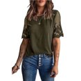 thumbnail image 1 of Camiseta de encaje de manga corta para mujer Color puro Cuello redondo de moda Blusa de manga de encaje con cuello redondo de color liso OD Verde M, 1 of 6