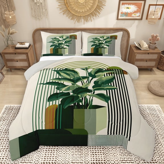 Homewish Tropical Monstera Leaf Bedding Comforter Set,Modern Geometric Striped Twin Comforter Sets,Green Beige Bedding Set For Adults,Super Cozy Room Decor Reversible,2 Pieces