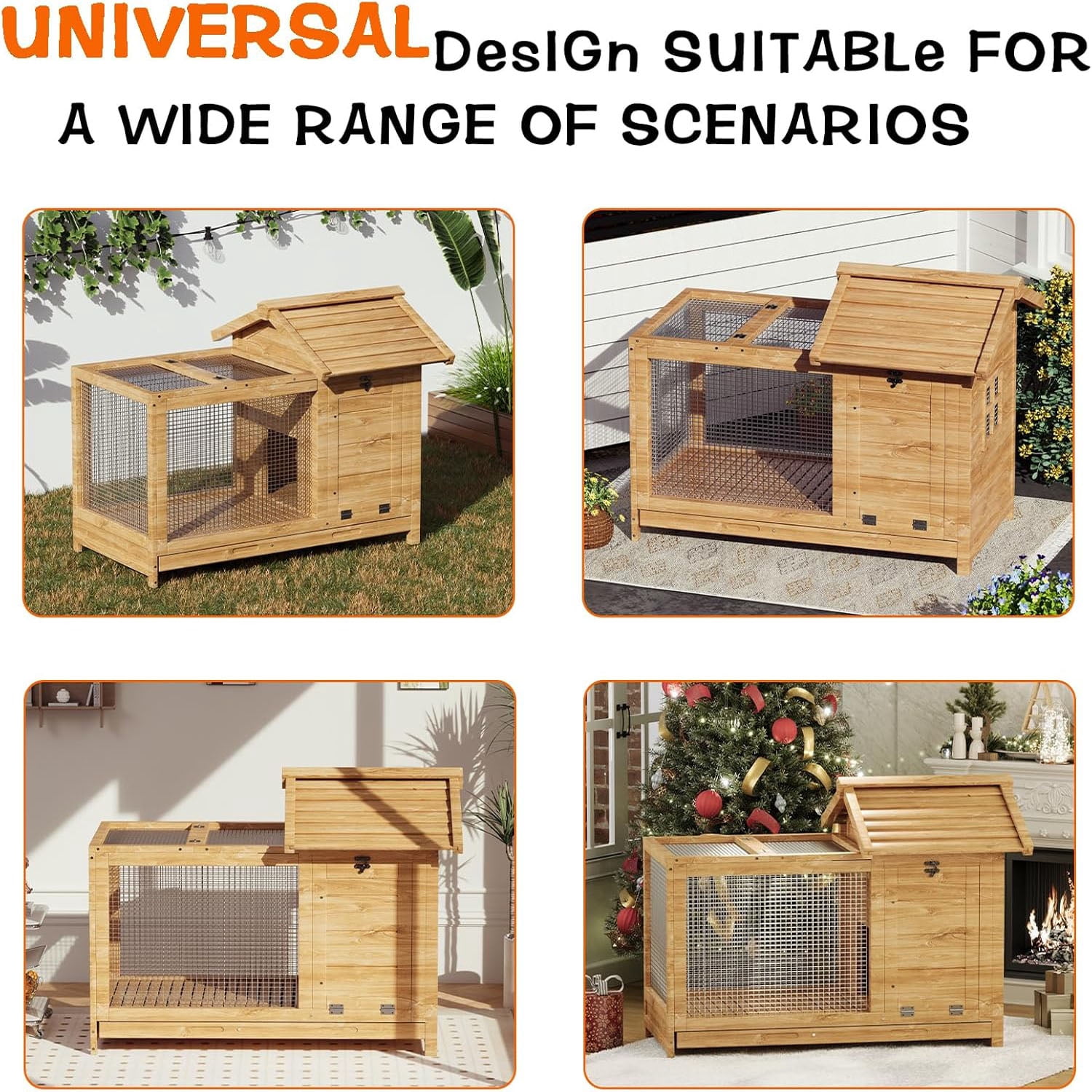 Ataujin Large Outdoor Rabbit Hutch, 2-Story Bunny Cage with Removable Wire Netting, Wooden Pet House, Waterproof Roof & Pull-Out Tray& Anti-Chew Metal Frame Ramp