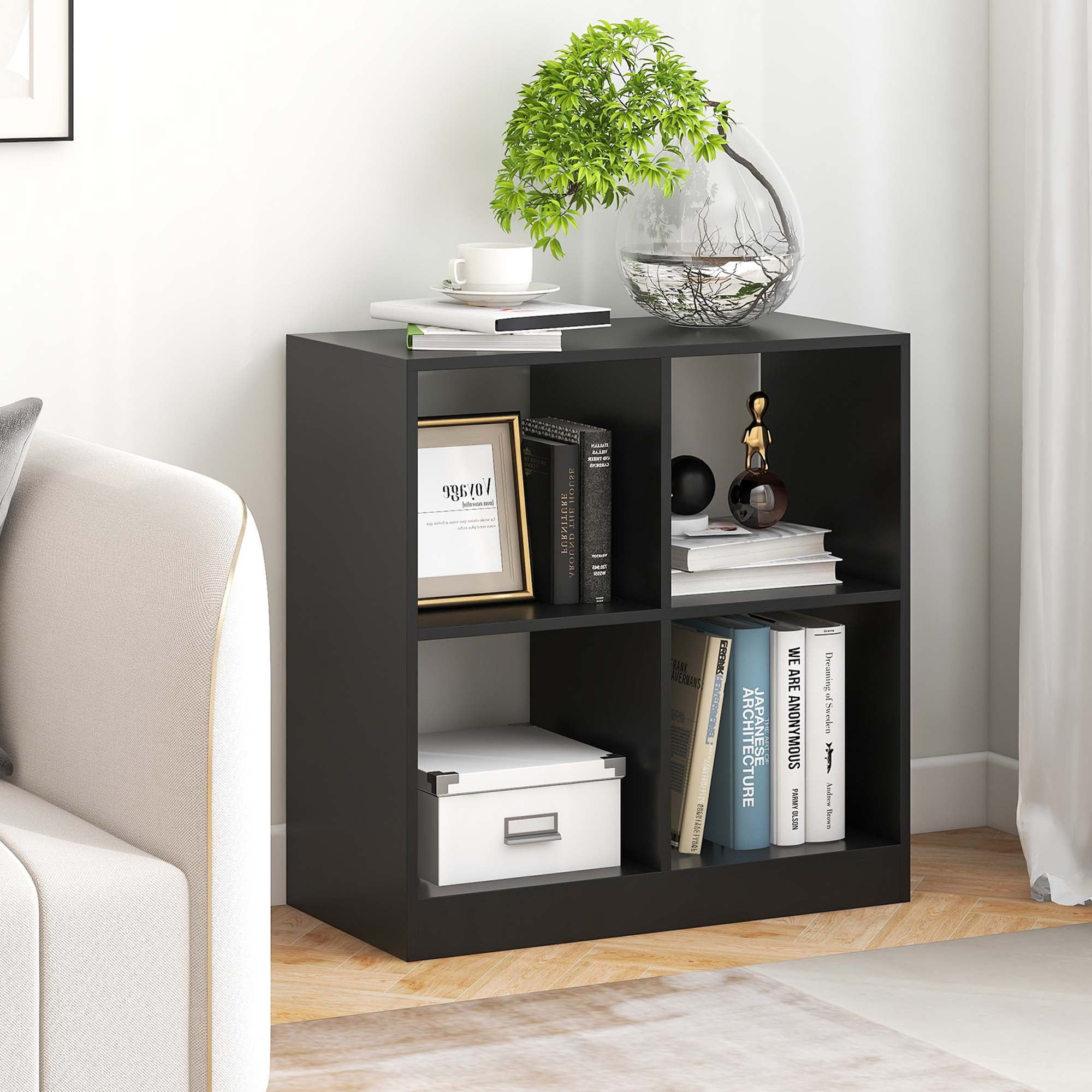 Costway 4-Cube Bookcase Floor Open Wooden Bookshelf Storage Cabinet Toy Organizer Black
